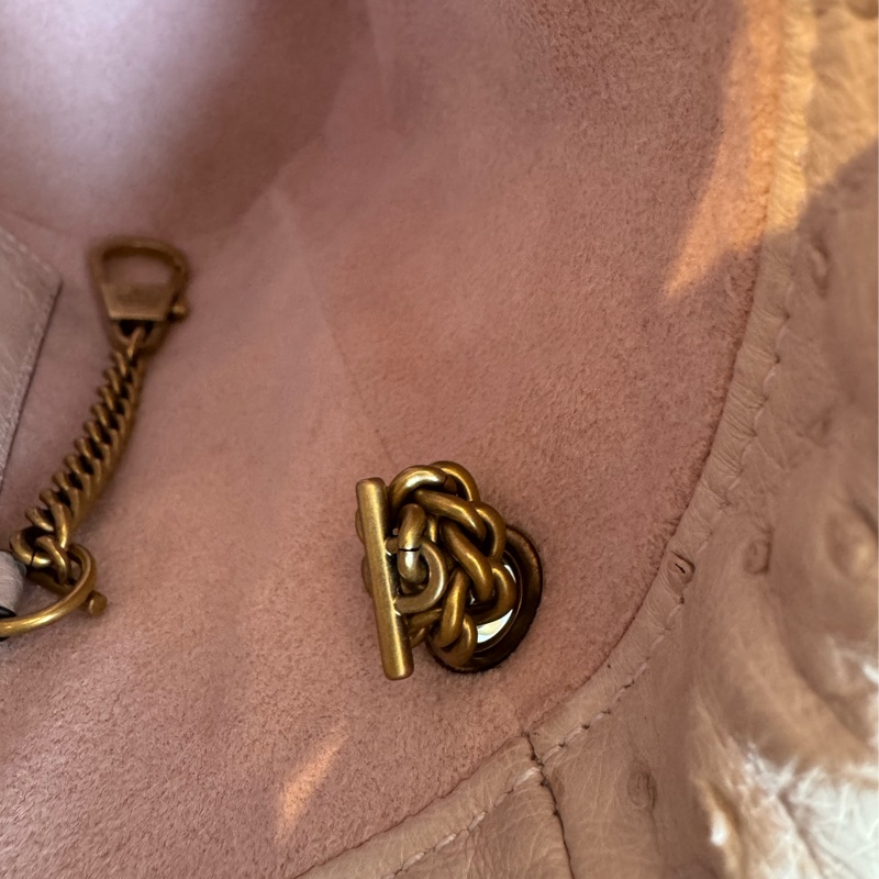 Gucci米膚色鴕鳥皮金雙G水桶包-24