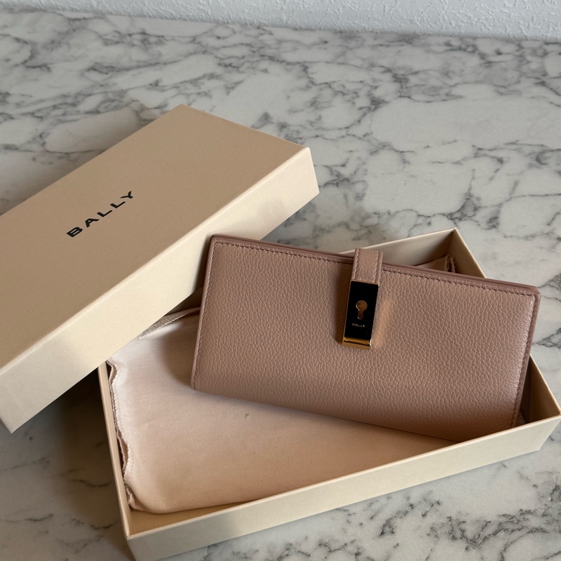 Bally膚色金釦對開長夾 極新極美-0