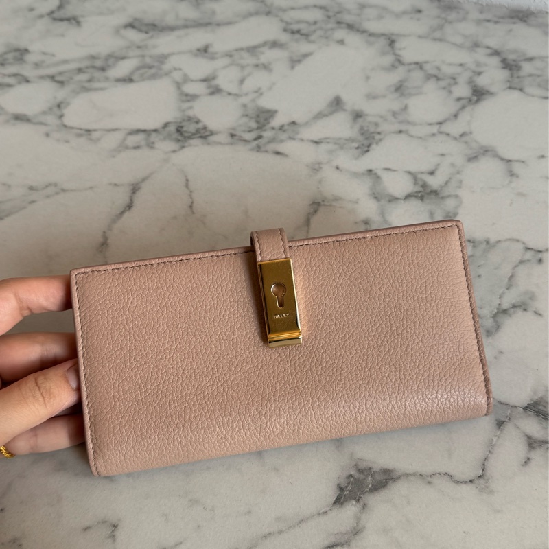 Bally膚色金釦對開長夾 極新極美-1