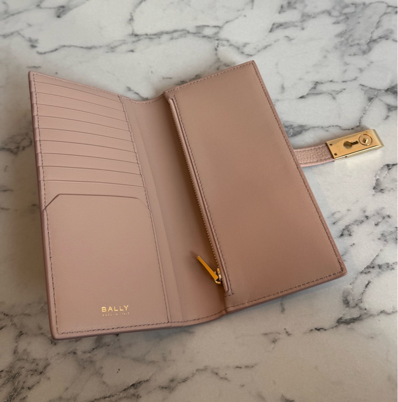 Bally膚色金釦對開長夾 極新極美-15