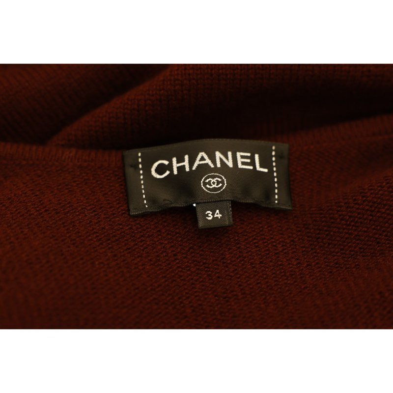 CHANEL香奈兒酒紅色羊絨長款開襟毛衣-3