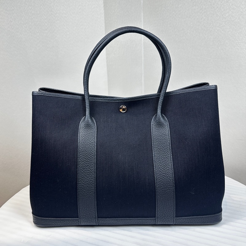 99新 愛馬仕/Hermes Garden Party 36 黑色帆布拼皮銀扣花園包 36x26x17cm-1
