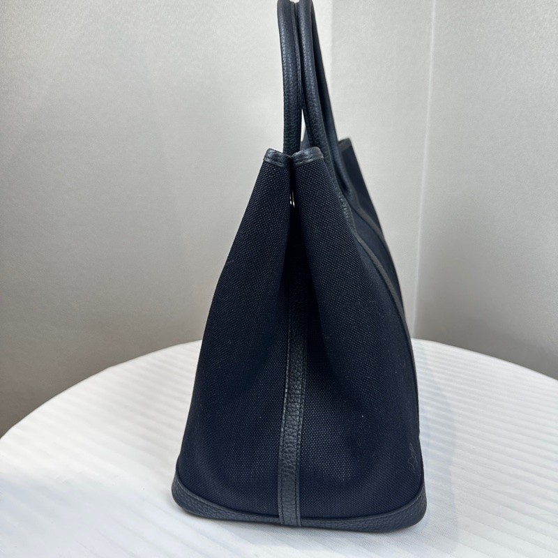 99新 愛馬仕/Hermes Garden Party 36 黑色帆布拼皮銀扣花園包 36x26x17cm-3