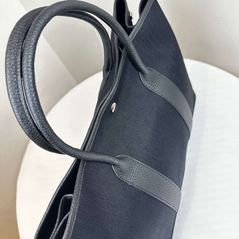 99新 愛馬仕/Hermes Garden Party 36 黑色帆布拼皮銀扣花園包 36x26x17cm-4