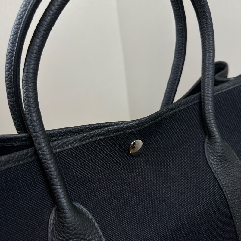 99新 愛馬仕/Hermes Garden Party 36 黑色帆布拼皮銀扣花園包 36x26x17cm-14