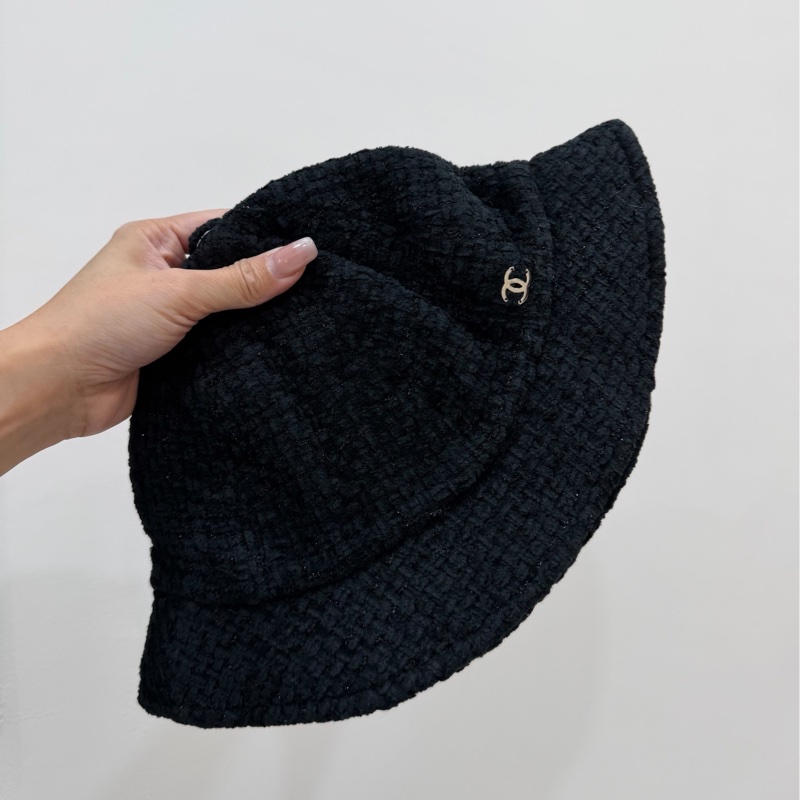 chanel 香奈兒 黑色 毛呢 漁夫帽 遮陽帽 休閒帽 牛仔帽-0