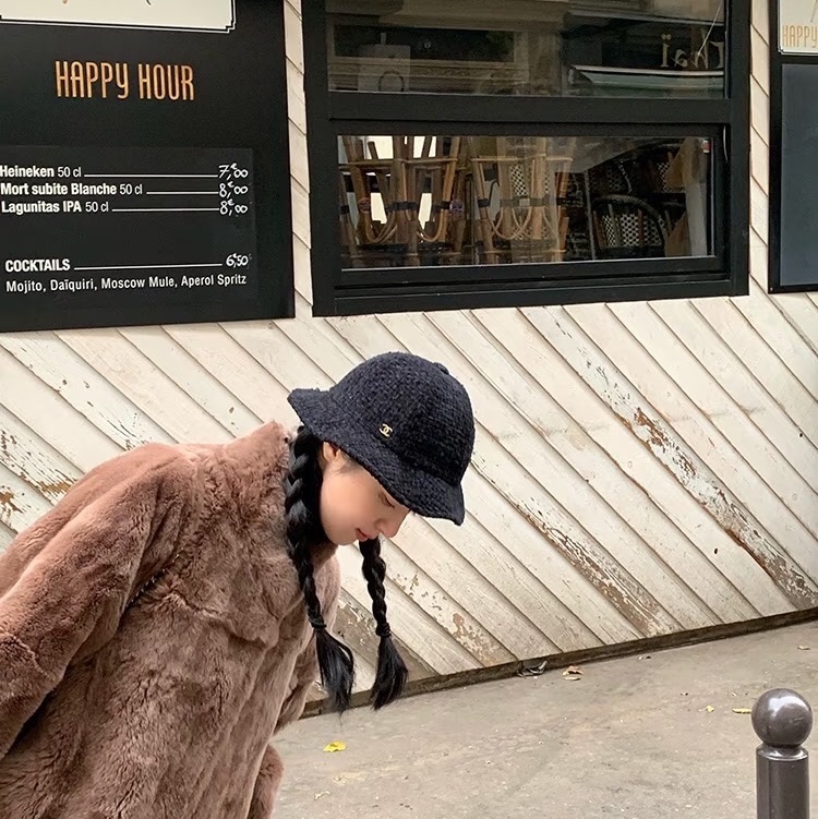 chanel 香奈兒 黑色 毛呢 漁夫帽 遮陽帽 休閒帽 牛仔帽-1