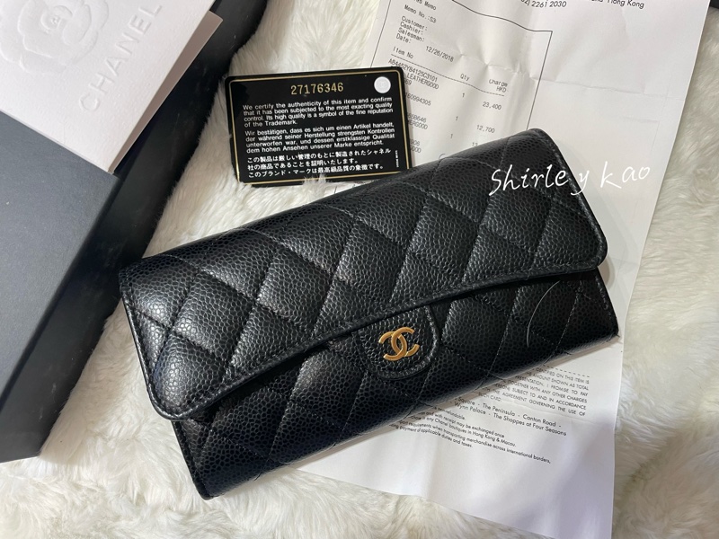 CHANEL 香奈兒 經典雙C LOGO荔枝牛皮黑金扣信封長夾(黑色/金扣)-9