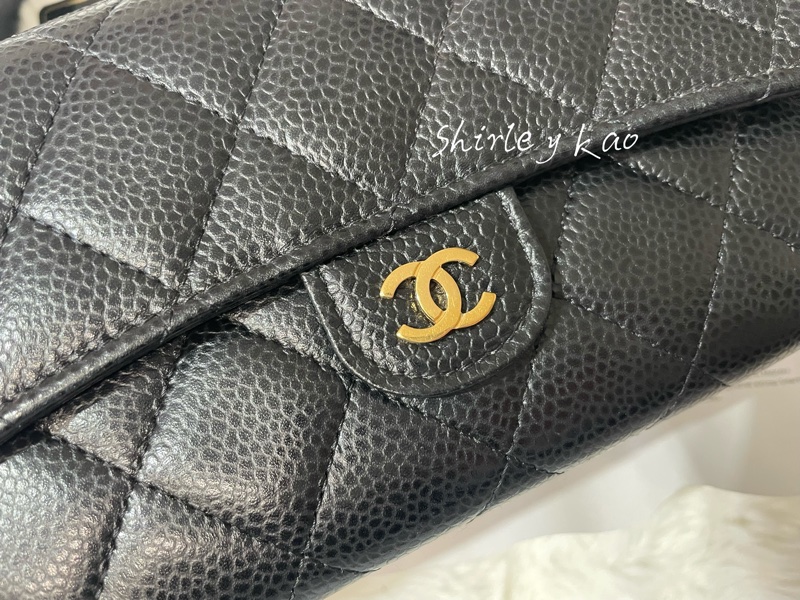 CHANEL 香奈兒 經典雙C LOGO荔枝牛皮黑金扣信封長夾(黑色/金扣)-26
