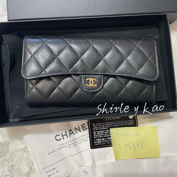 CHANEL 香奈兒 經典雙C LOGO荔枝牛皮黑金扣信封長夾(黑色/金扣)-31