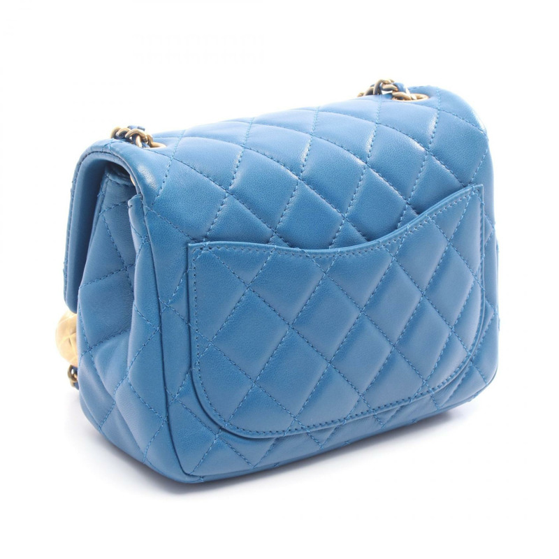 香奈兒 (CHANEL) 絎縫鏈條肩背包，藍色皮革，金色五金，二手，女士 Coco CC 標誌-1