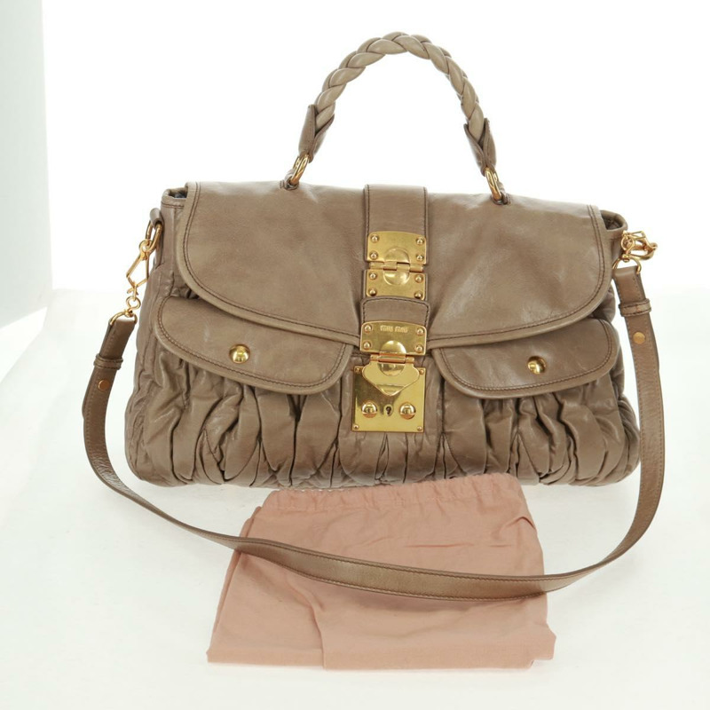 【日本直送】Miu Miu Matelasse 手提包 皮革 2way 米色 金 正品 163285V-11