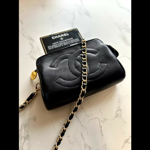 【LA LUNE】中古包Chanel黑金色小羊皮革斜背包 單肩包 側背包 二手包 古董包