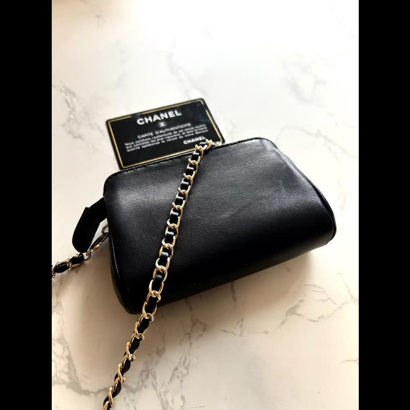 【LA LUNE】中古包Chanel黑金色小羊皮革斜背包 單肩包 側背包 二手包 古董包-1