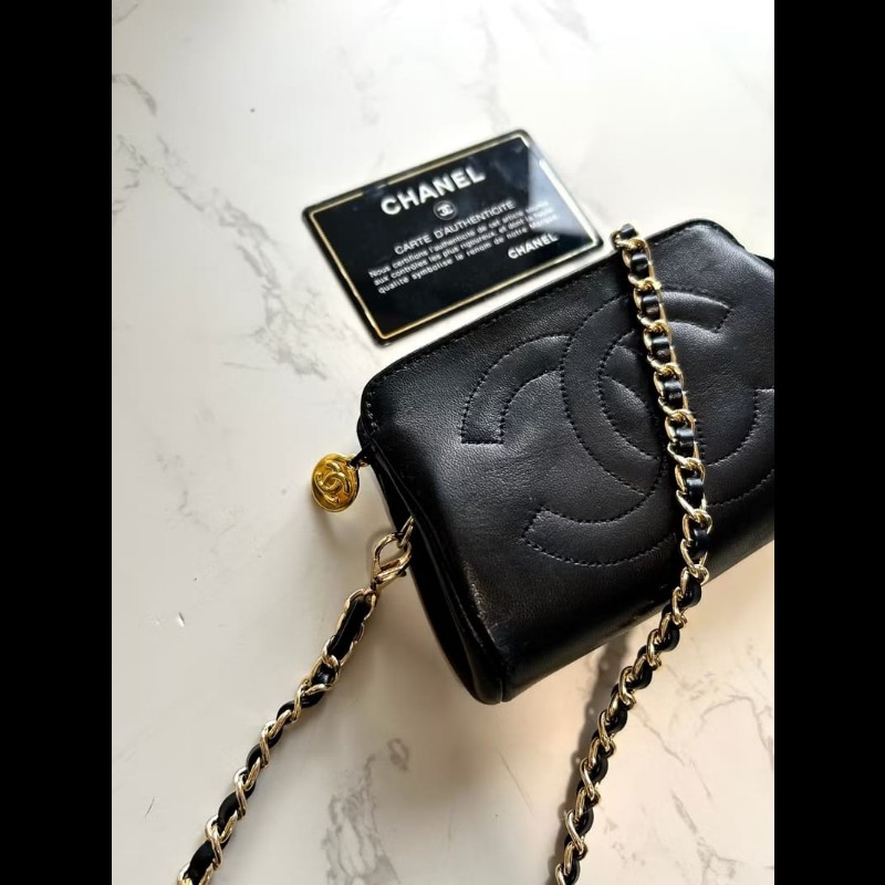 【LA LUNE】中古包Chanel黑金色小羊皮革斜背包 單肩包 側背包 二手包 古董包-4