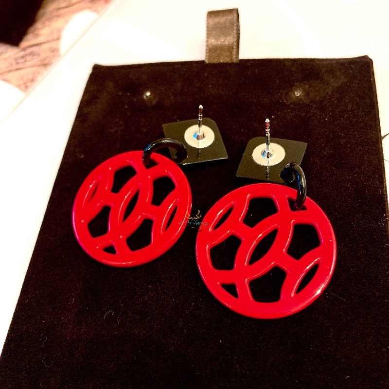 Hermes 愛馬仕 黑 x 紅 H Logo 圓形 牛角 針式耳環 精品耳環-1