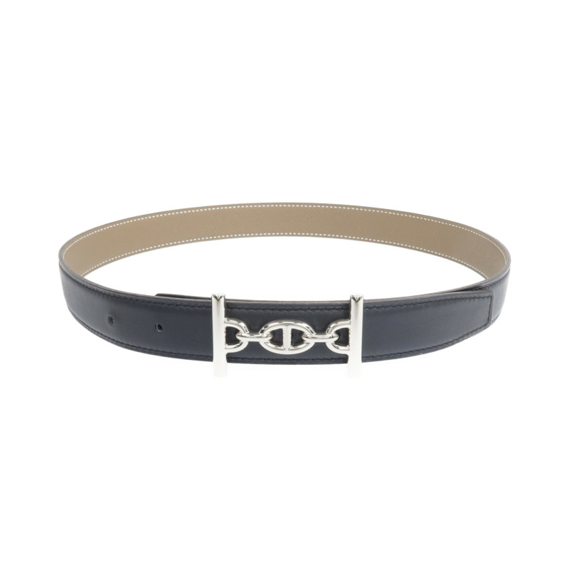 HERMES Epsom/Swift皮革Lagune Belt(70cm)銀扣皮帶Black/Etoupe-0