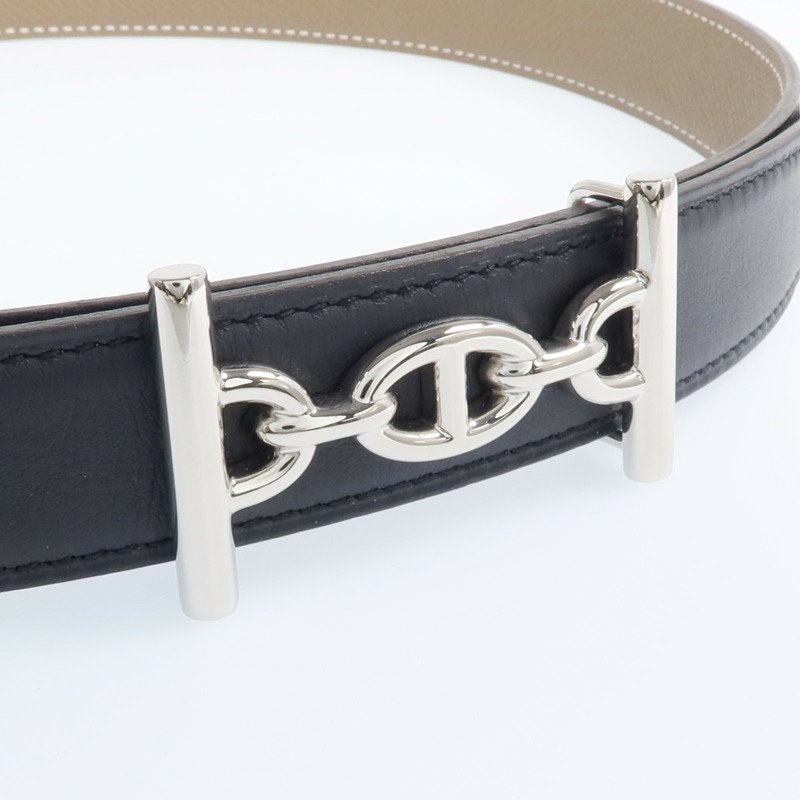 HERMES Epsom/Swift皮革Lagune Belt(70cm)銀扣皮帶Black/Etoupe-3