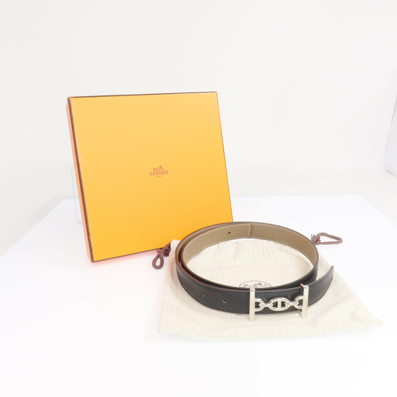 HERMES Epsom/Swift皮革Lagune Belt(70cm)銀扣皮帶Black/Etoupe-7