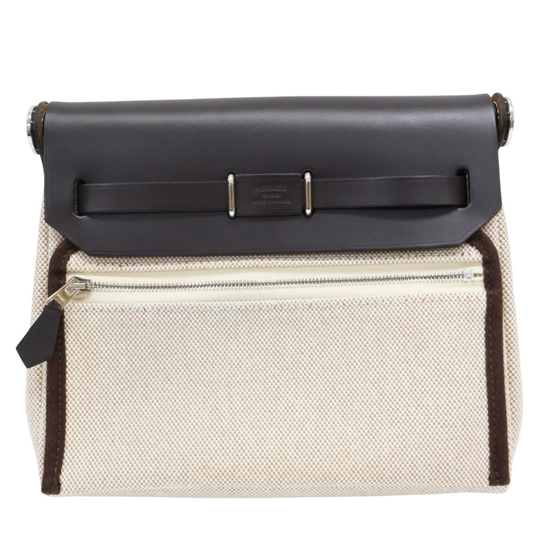 米色帆布 棕色牛皮 Herbag Zip 20 Mini 肩背包 W刻 銀扣【HERMES 愛馬仕】-2