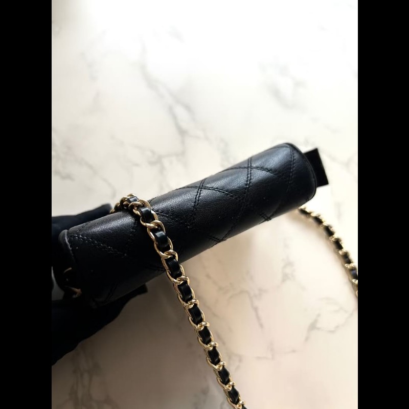 【LA LUNE】中古包Chanel黑金色小羊皮革斜背包 單肩包 側背包 二手包 古董包-2