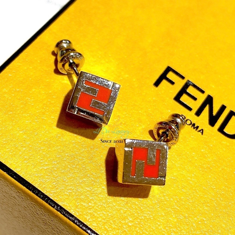 FENDI 芬迪 桃紅 x 橘色 方型 針式耳環 精品耳環-0