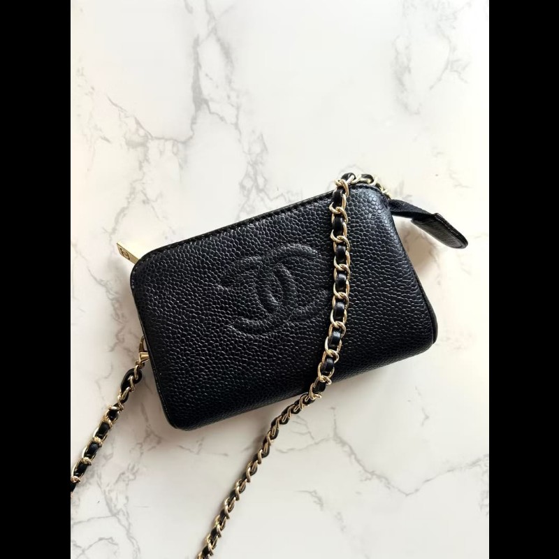 【LA LUNE】中古包Chanel黑色魚子醬皮革斜背包 單肩包 側背包 二手包 古董包-0