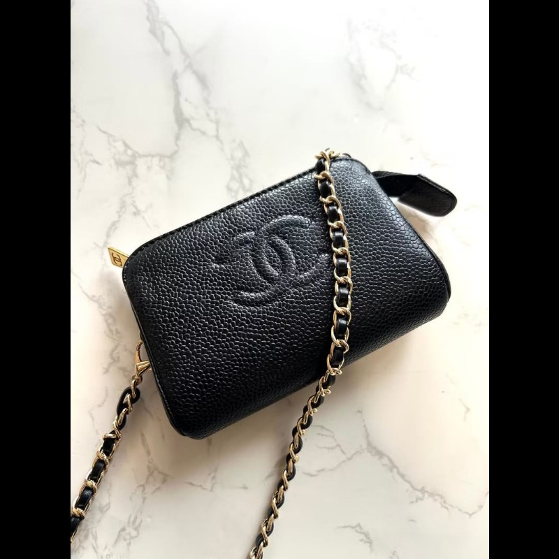 【LA LUNE】中古包Chanel黑色魚子醬皮革斜背包 單肩包 側背包 二手包 古董包-1