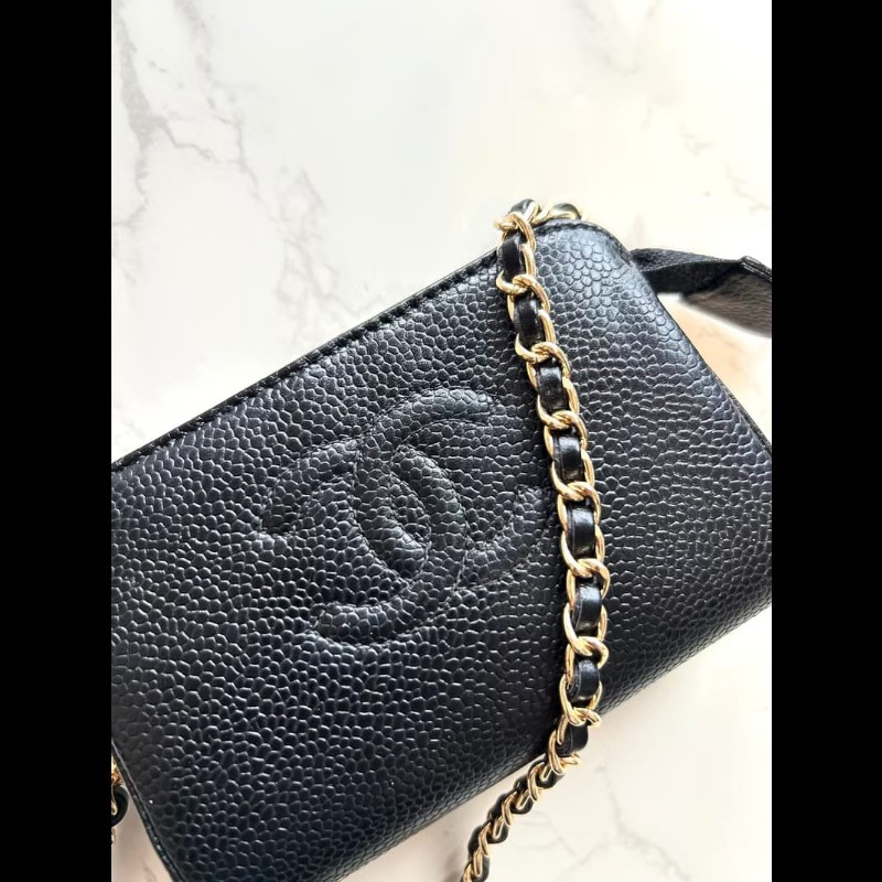 【LA LUNE】中古包Chanel黑色魚子醬皮革斜背包 單肩包 側背包 二手包 古董包-3