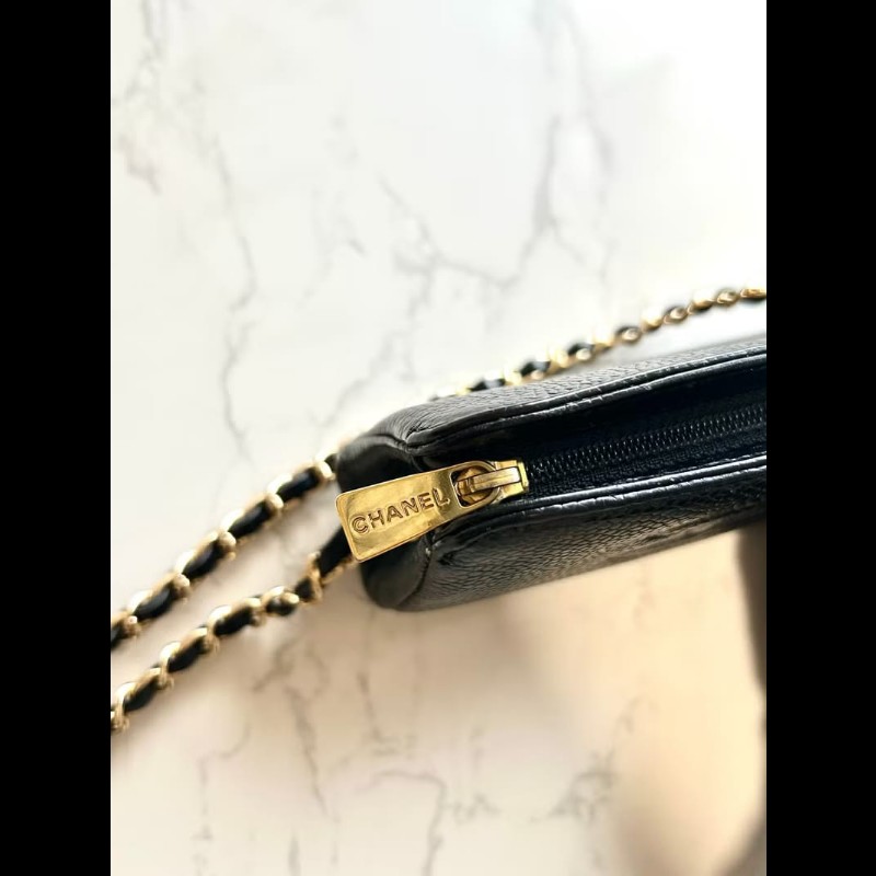【LA LUNE】中古包Chanel黑色魚子醬皮革斜背包 單肩包 側背包 二手包 古董包-4