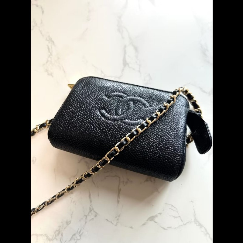 【LA LUNE】中古包Chanel黑色魚子醬皮革斜背包 單肩包 側背包 二手包 古董包-5