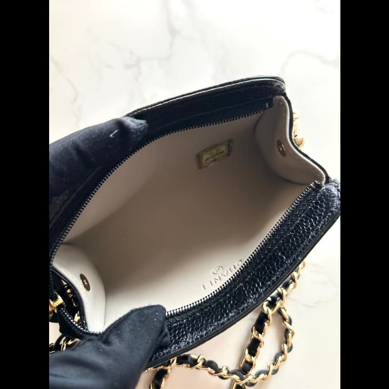 【LA LUNE】中古包Chanel黑色魚子醬皮革斜背包 單肩包 側背包 二手包 古董包-6