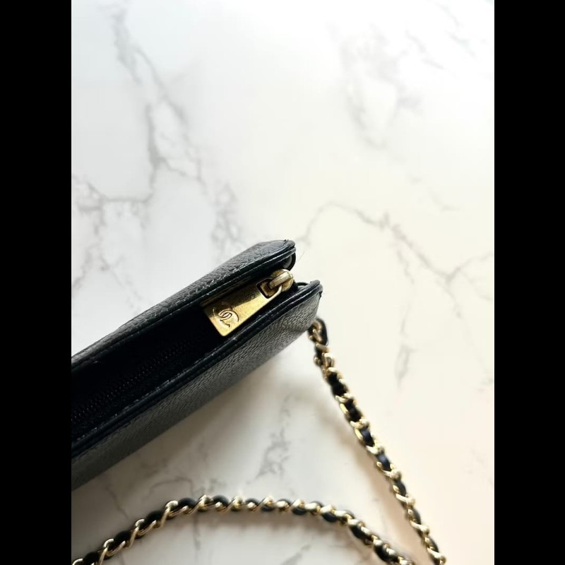 【LA LUNE】中古包Chanel黑色魚子醬皮革斜背包 單肩包 側背包 二手包 古董包-7