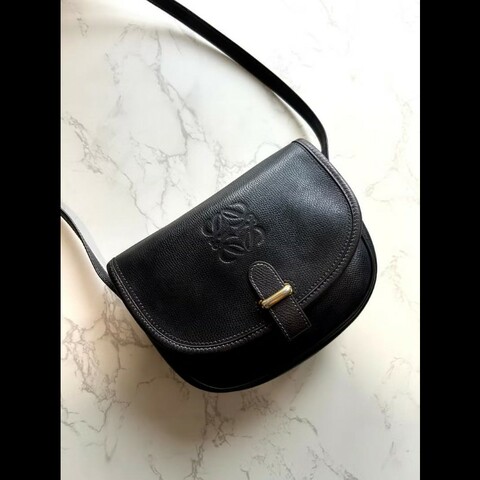 【LA LUNE】絕版古董包 Loewe黑金色馬鞍側背包 斜背包 皮革包 單肩包 中古包