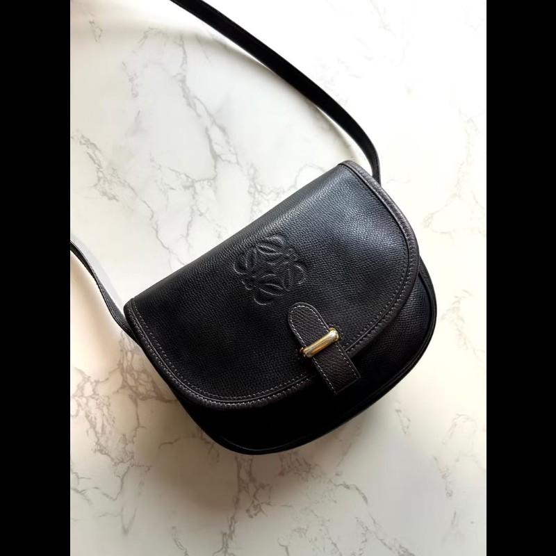 【LA LUNE】絕版古董包 Loewe黑金色馬鞍側背包 斜背包 皮革包 單肩包 中古包-0