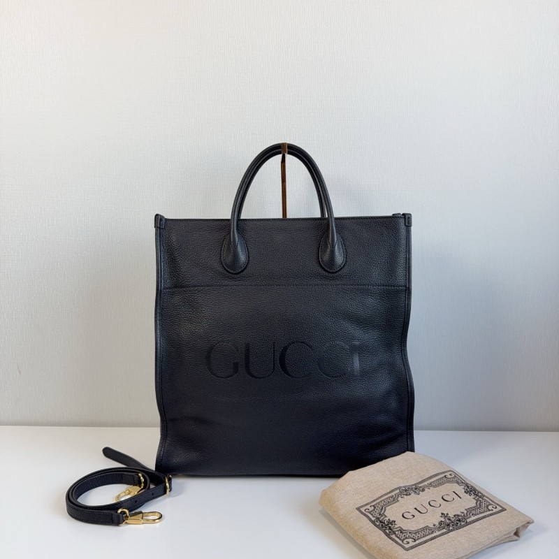 Gucci黑色荔枝皮全皮logo托特tote 琴譜包 手提包-0
