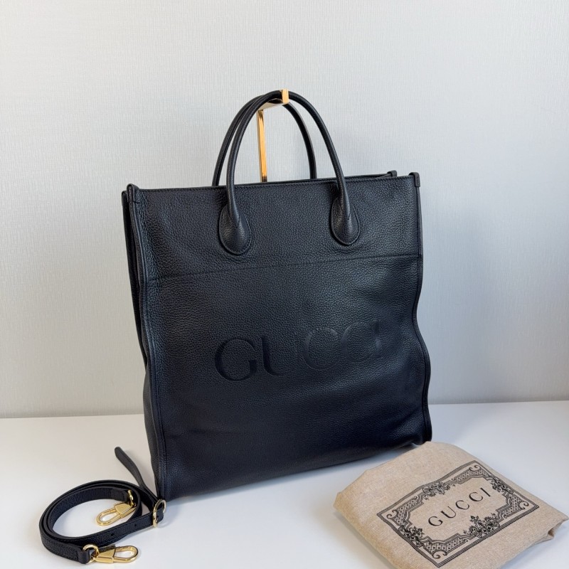 Gucci黑色荔枝皮全皮logo托特tote 琴譜包 手提包-1