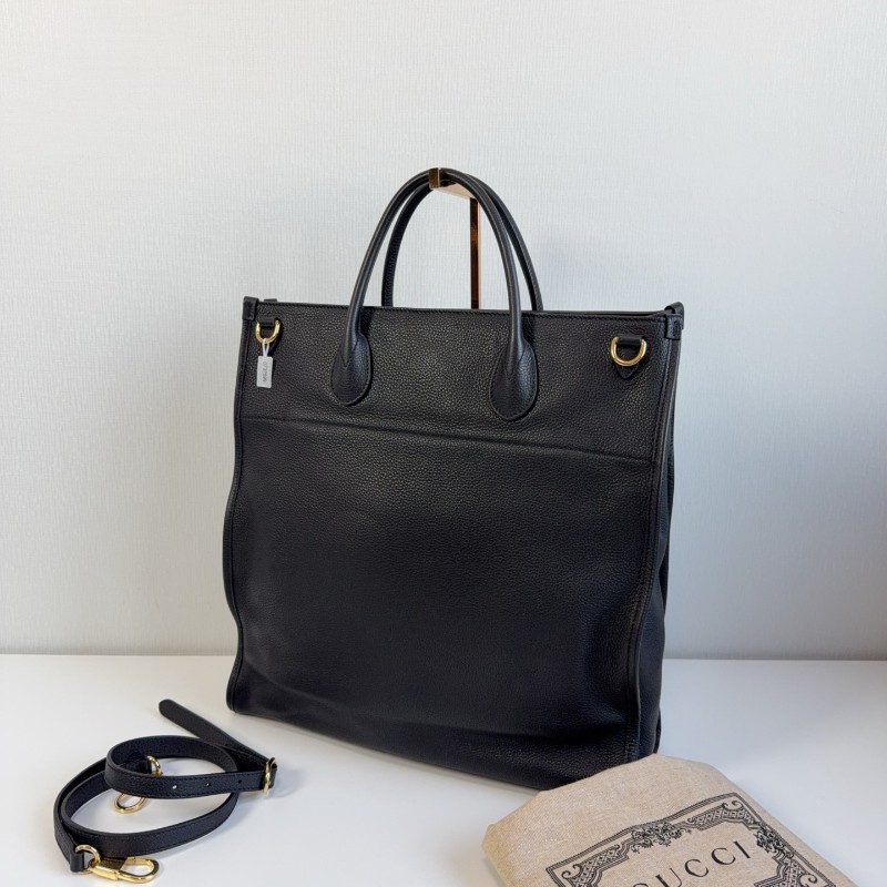 Gucci黑色荔枝皮全皮logo托特tote 琴譜包 手提包-2