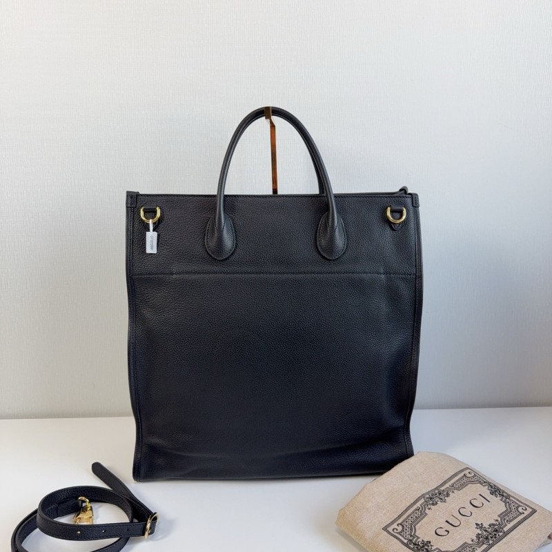 Gucci黑色荔枝皮全皮logo托特tote 琴譜包 手提包-3