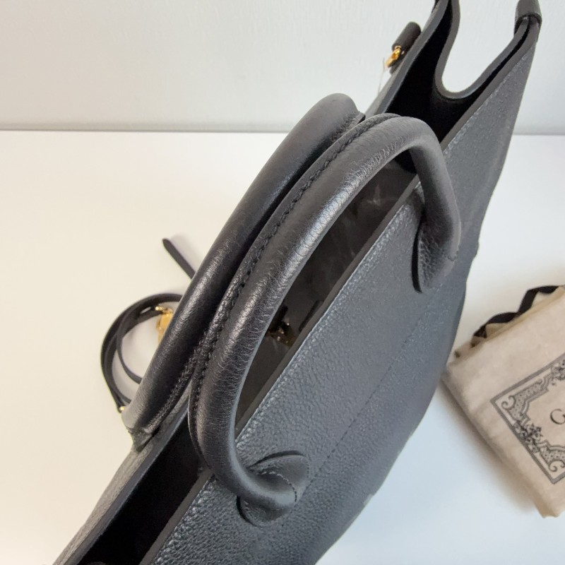 Gucci黑色荔枝皮全皮logo托特tote 琴譜包 手提包-4