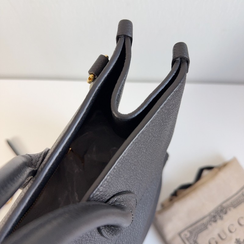 Gucci黑色荔枝皮全皮logo托特tote 琴譜包 手提包-5