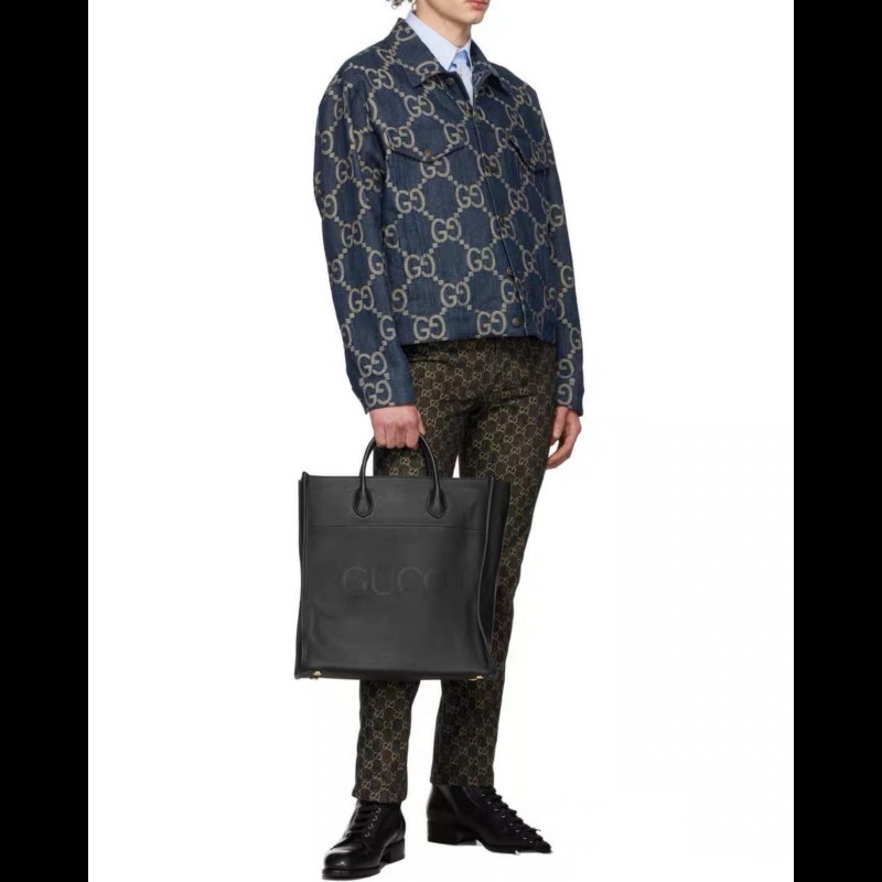 Gucci黑色荔枝皮全皮logo托特tote 琴譜包 手提包-19