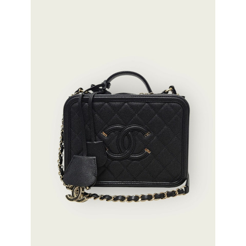 【包稅】CHANEL 黑色魚子醬金色手提化妝包，中型，28