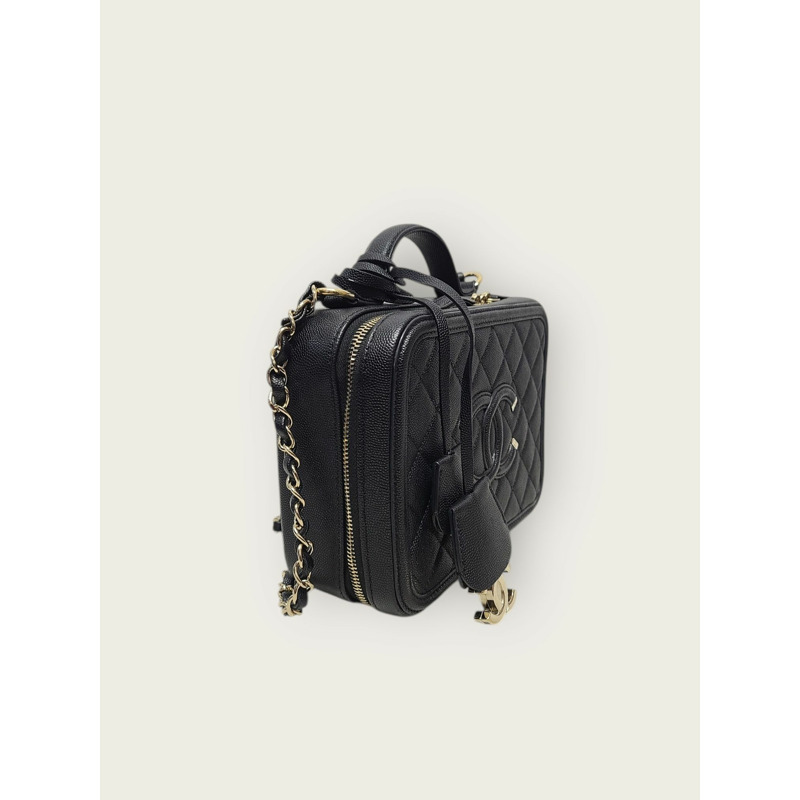 【包稅】CHANEL 黑色魚子醬金色手提化妝包，中型，28-2