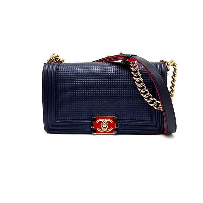 CHANEL 海軍藍 華夫格紅色琺瑯扣leboy肩背斜背包25*15*6cm 98新配件塵袋-1