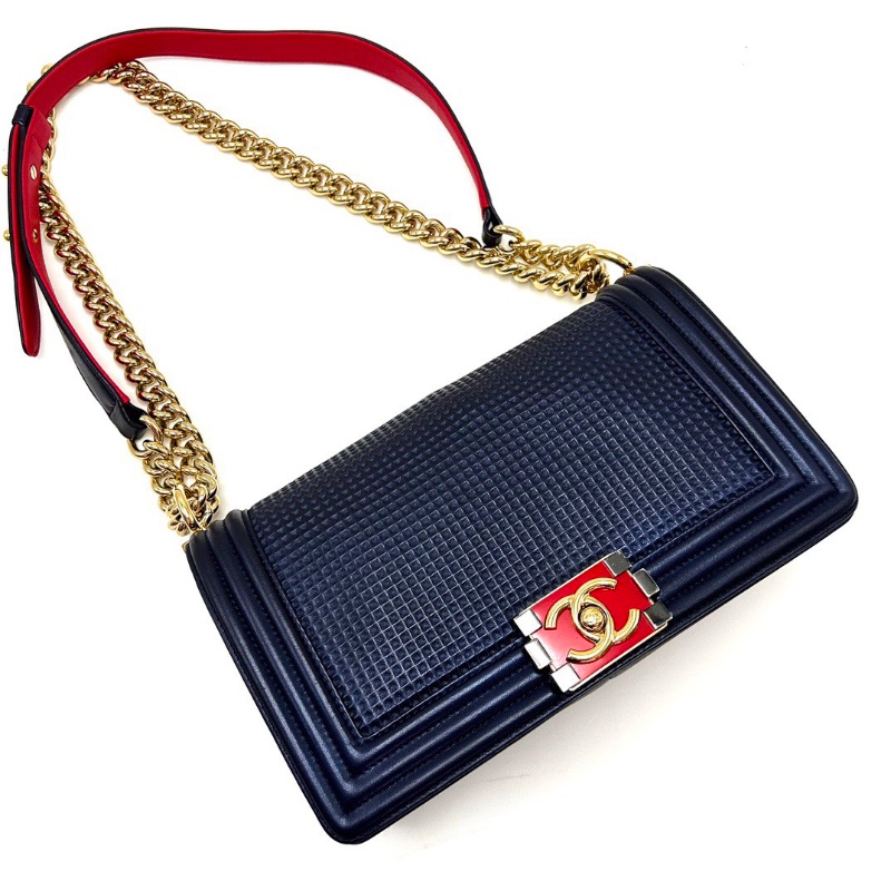 CHANEL 海軍藍 華夫格紅色琺瑯扣leboy肩背斜背包25*15*6cm 98新配件塵袋-3