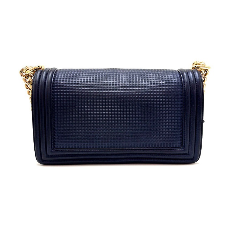 CHANEL 海軍藍 華夫格紅色琺瑯扣leboy肩背斜背包25*15*6cm 98新配件塵袋-5