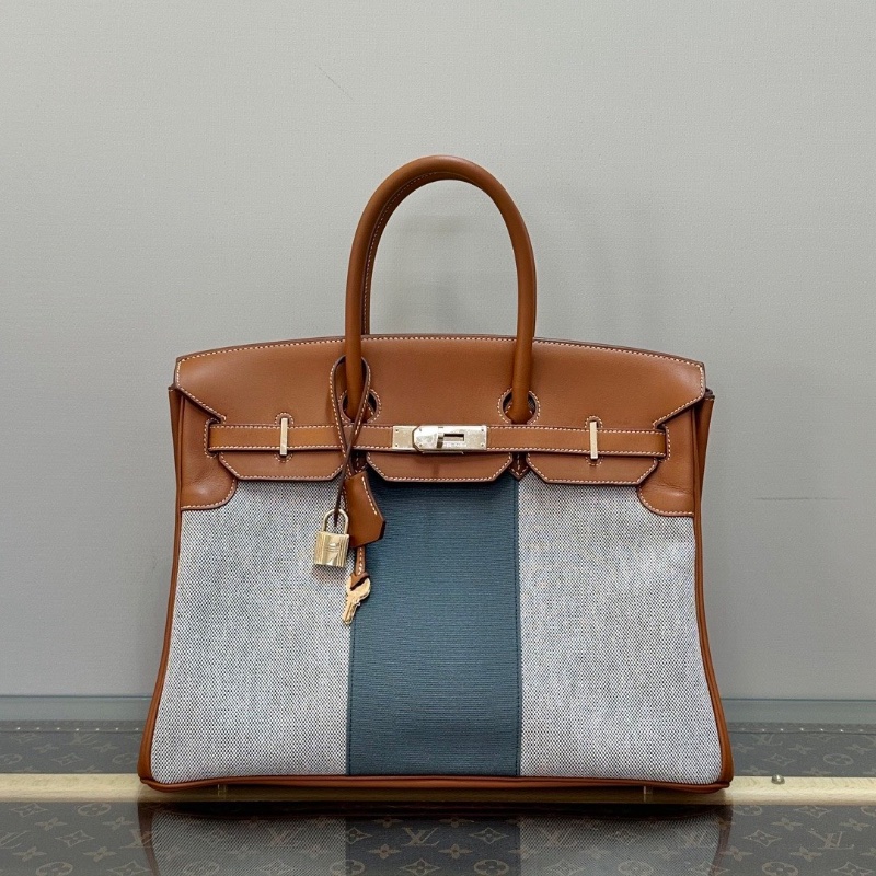 HERMES 拼色帆布  Flag Birkin35手提包35*26*19 98新配件鎖鑰匙塵袋-1
