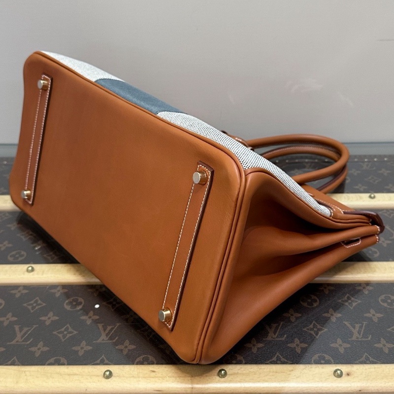 HERMES 拼色帆布  Flag Birkin35手提包35*26*19 98新配件鎖鑰匙塵袋-3