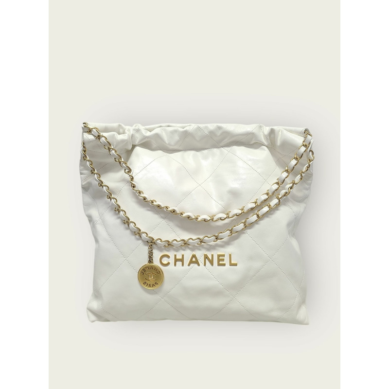 【包稅】CHANEL 白色 22 號包 中型亮金色鏈條單肩包-0